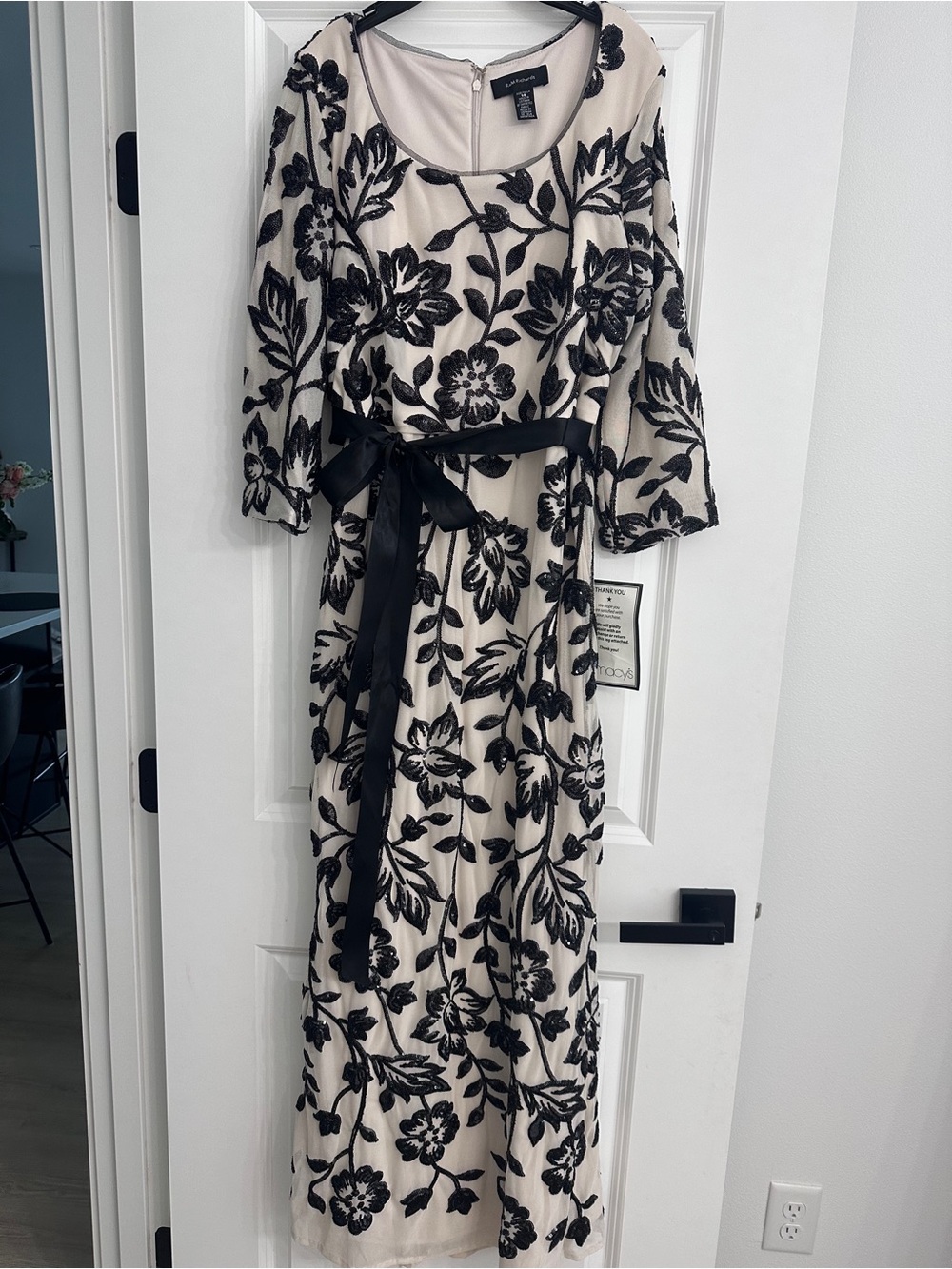 R&M Richards Cream Maxi Dress with Black Floral Embroidery